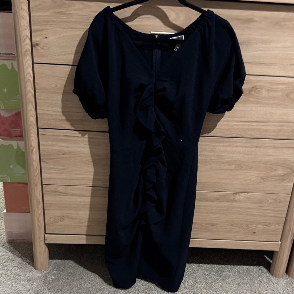 Chelsea28 Navy Midi Dress with Ruffle Detail